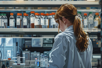 Simple, elegant illustration of a scientist analyzing samples in a mobile lab,