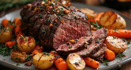 A traditional roast beef dinner, with the meat sliced and surrounded by roasted potatoes and carrots, garnished with fresh herbs. Generative AI.