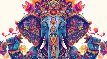 Fototapeta premium Lord Ganesh, colorful ornamental indian motifs, psychedelic palette, white background 