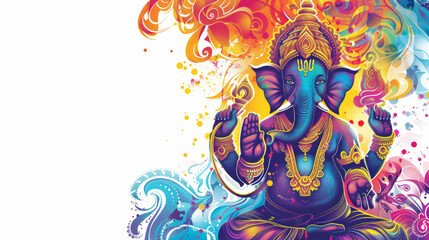 Lord Ganesh, colorful ornamental indian motifs, psychedelic palette, white background 