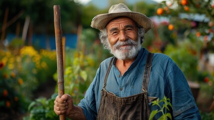 An elderly man with a white beard, dressed in overalls and a straw hat, holds a wooden stick while standing in a vegetable garden full of fresh plants and flowers.