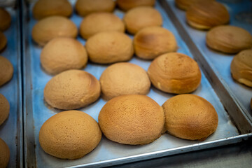 Fresh baked buns in tray