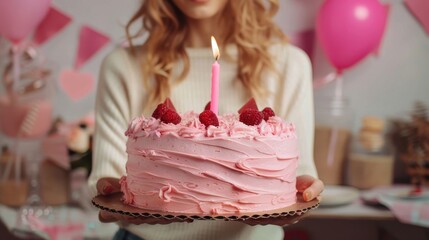 The image showcases a woman holding a beautifully decorated pink cake with one lit candle, surrounded by festive pink decorations and balloons in the background.