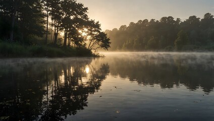 Obraz premium A serene lakeside scene at sunrise, with mist gently rising above the water ai_generated