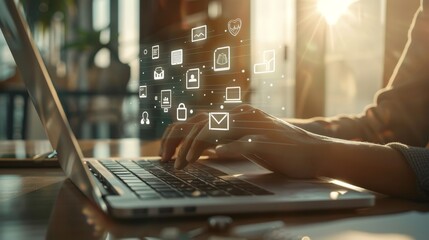 Digital Insurance Innovation Holographic Icons in Sunlit Office Health Car Home Family Coverage on Laptop