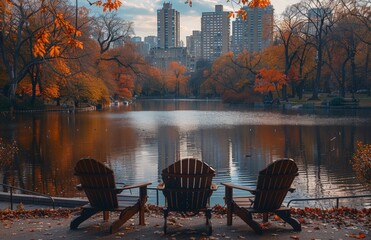 Fototapeta premium Three wooden chairs are arranged facing a serene lake surrounded by autumn trees with vibrant fall colors, in a city park setting, exhibiting tranquility and peace.