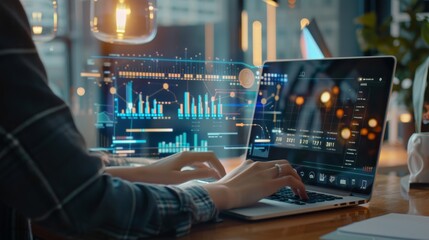 Techsavvy professional in futuristic office space with dynamic holographic data visualizations