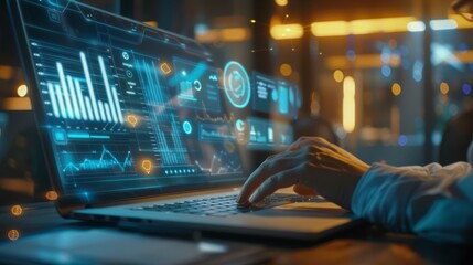 Techsavvy professional in futuristic office space with dynamic holographic data visualizations