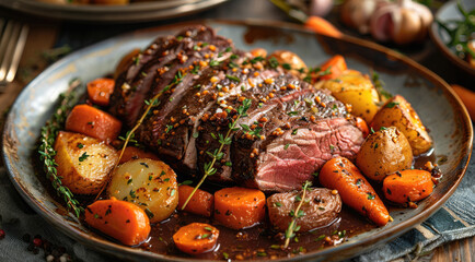 A traditional roast beef dinner, with the meat sliced and surrounded by roasted potatoes and carrots, garnished with fresh herbs. Generative AI.