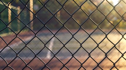 Fototapeta premium Chain-link fence with sunlight on tennis court, perspective shot. Sports and recreation concept