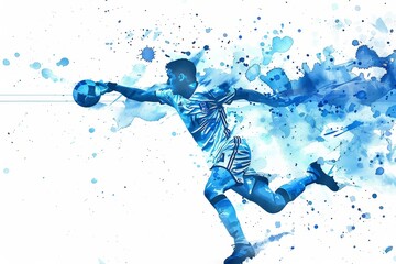 Naklejka premium Vibrant watercolor illustration of a handball game at the Paris 2024 Olympics, showcasing the dynamic action and teamwork inherent in the sport, Generative AI