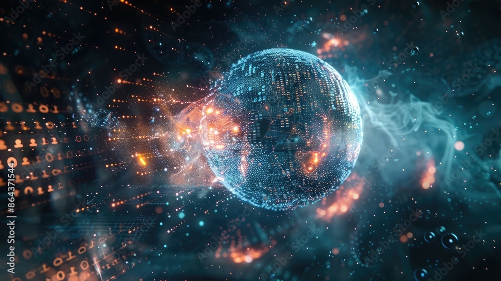 Poster a hightech digital sphere symbolizing the future of quantum computing and data visualization in cybe