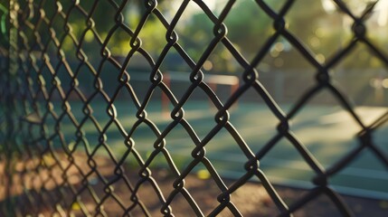 Fototapeta premium Close-up of chain-link fence with blurred tennis court in background, morning sun. Sports and recreation concept
