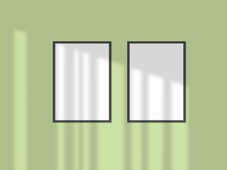 Minimal picture poster frame mockup on the wall with window shadow and leaves