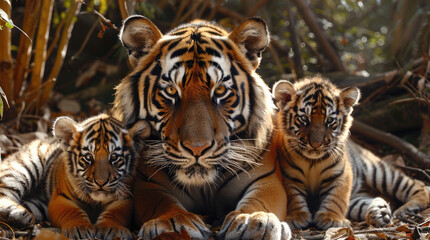Royal Bengal tiger with cubs, tender moment, playing and nurturing, forest clearing. Generative AI.
