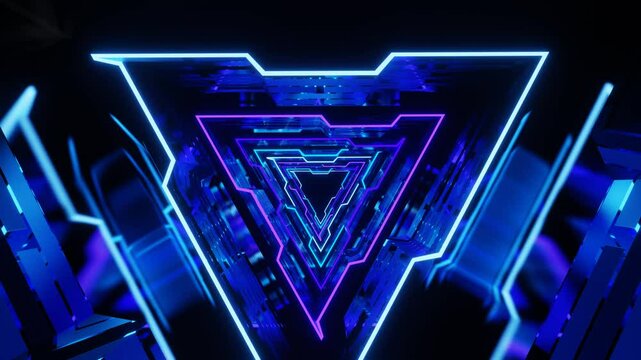 Abstract illustration blue neon visual dynamic Loop Background of endless triangle tunnel