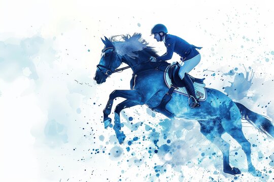 Elegant blue watercolor depiction of an equestrian show jumping athlete at the Paris 2024 Olympics, highlighting grace, agility, and artistic sports illustration, Generative AI