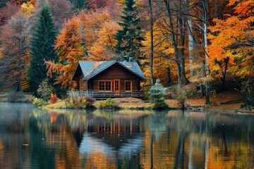 A small, cozy cabin nestled in the woods in the style of an autumn lake with colorful foliage reflecting on its surface Generative AI