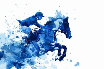 Elegant blue watercolor depiction of an equestrian show jumping athlete at the Paris 2024 Olympics, highlighting grace, agility, and artistic sports illustration, Generative AI