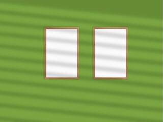 Minimal picture poster frame mockup on the wall with window shadow and leaves