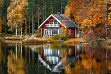 A small cabin on the edge of an autumn forest lake, with its reflection in the crystal clear water and colorful foliage around it Generative AI