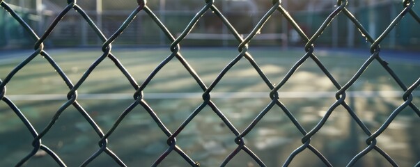 Fototapeta premium Chain link fence with blurred tennis court in background, outdoor sports facility. Recreation and sports concept