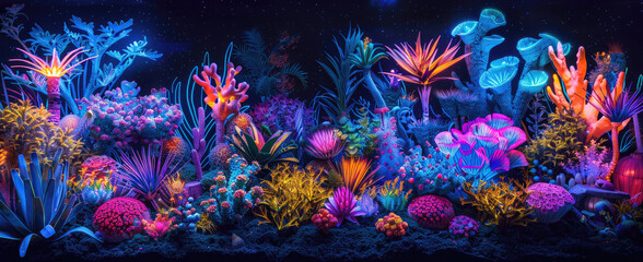 Vibrant underwater scene with glowing coral and seaweed.