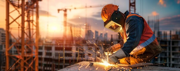 Close-up photo of construction worker Wear a welding mask. Reflective vest and gloves welding on the edge of a tall building under construction at sunset..