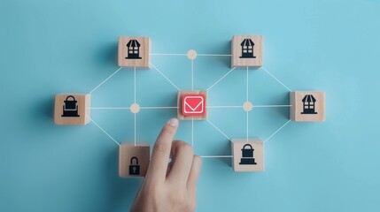 Fototapeta premium Strategic Business Network Hand Selecting Red Storefront Icon from Interconnected Blocks on Pastel Blue Background