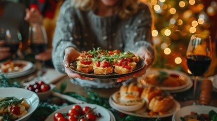 Fototapeta premium A festive holiday arrangement featuring a woman offering a plate of appetizers, surrounded by wine glasses and decorated holiday lights, evoking warmth and celebration.
