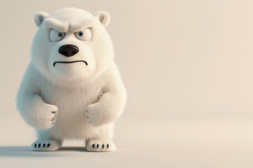A 3D cute, cartoon-style angry polar bear character, its fur fluffed up and paws clenched, standing with a grumpy expression © SANA