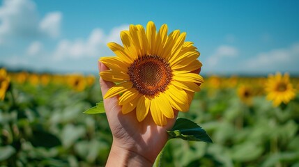 Hand Holding a Sunflower in Field