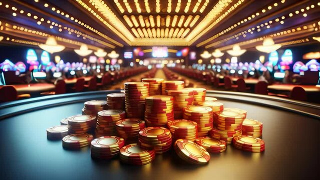 Casino chips in motion on vibrant gaming floor, slow motion concept