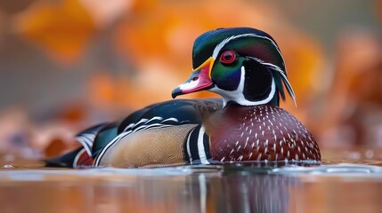 A vividly colored Wood Duck effortlessly glides through peaceful water during autumn, reflecting the beauty and harmony of wildlife in a serene and tranquil natural setting.