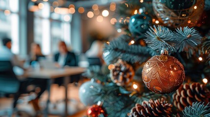 The image features festive Christmas decorations, including a decorated Christmas tree with ornaments, set within an office environment, evoking holiday spirit and cheer.