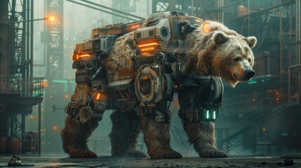 A bear in a heavy-duty exoskeleton with neon highlights, set against a backdrop of a futuristic industrial zone.