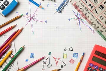 Creative Education Background with Colorful Stationery and Math Diagrams for School Posters and Study Materials