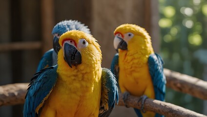 Obraz premium The brilliance of a sunlit aviary filled with parrots in shades from electric blue to sunny yellow ai_generated