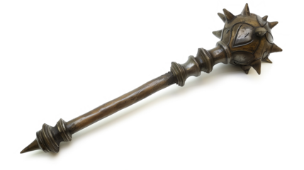 morning star mace, with a metal spiked ball and a handle. Medieval weapon isolated on a transparent blank white background in png format