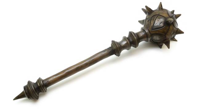 morning star mace, with a metal spiked ball and a handle. Medieval weapon isolated on a transparent blank white background in png format