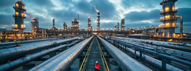 Fototapeta premium Industrial Refinery Complex at Sunset With Cloudy Sky