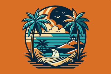 Summer t-shirt design. Retro and vintage summer vibes t-shirt design with palm tree, sea beach, and sunset vector illustration
