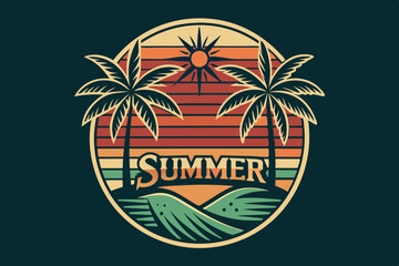 Summer t-shirt design. Retro and vintage summer vibes t-shirt design with palm tree, sea beach, and sunset vector illustration
