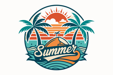 Summer t-shirt design. Retro and vintage summer vibes t-shirt design with palm tree, sea beach, and sunset vector illustration
