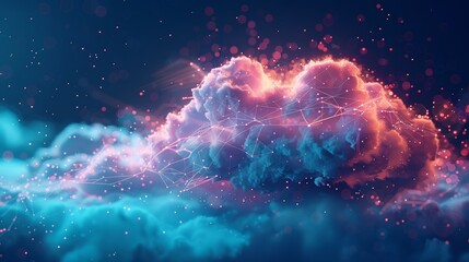 Obraz premium An artistic 3D illustration of a cloud network with holographic elements, showcasing the advanced technology and connectivity of cloud computing.