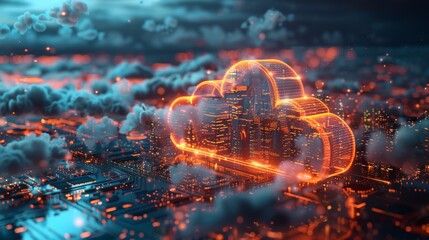 A dynamic 3D illustration of a cloud with a futuristic city inside, symbolizing urban data storage and smart cities.