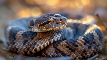 Fototapeta premium A rattlesnake coiled and ready to strike, symbolizing the danger of venomous animals. 