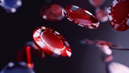 Casino poker chips falling in slow motion against black background. - Powered by Adobe