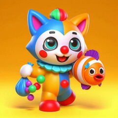 3D cartoon cat that is a plastic toy jugging fish in bright colors with a solid background. The character should be wearing a clown costume.