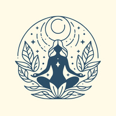 Classic Women Meditation Pose Minimalist Line Drawing Circle Logo Illustration